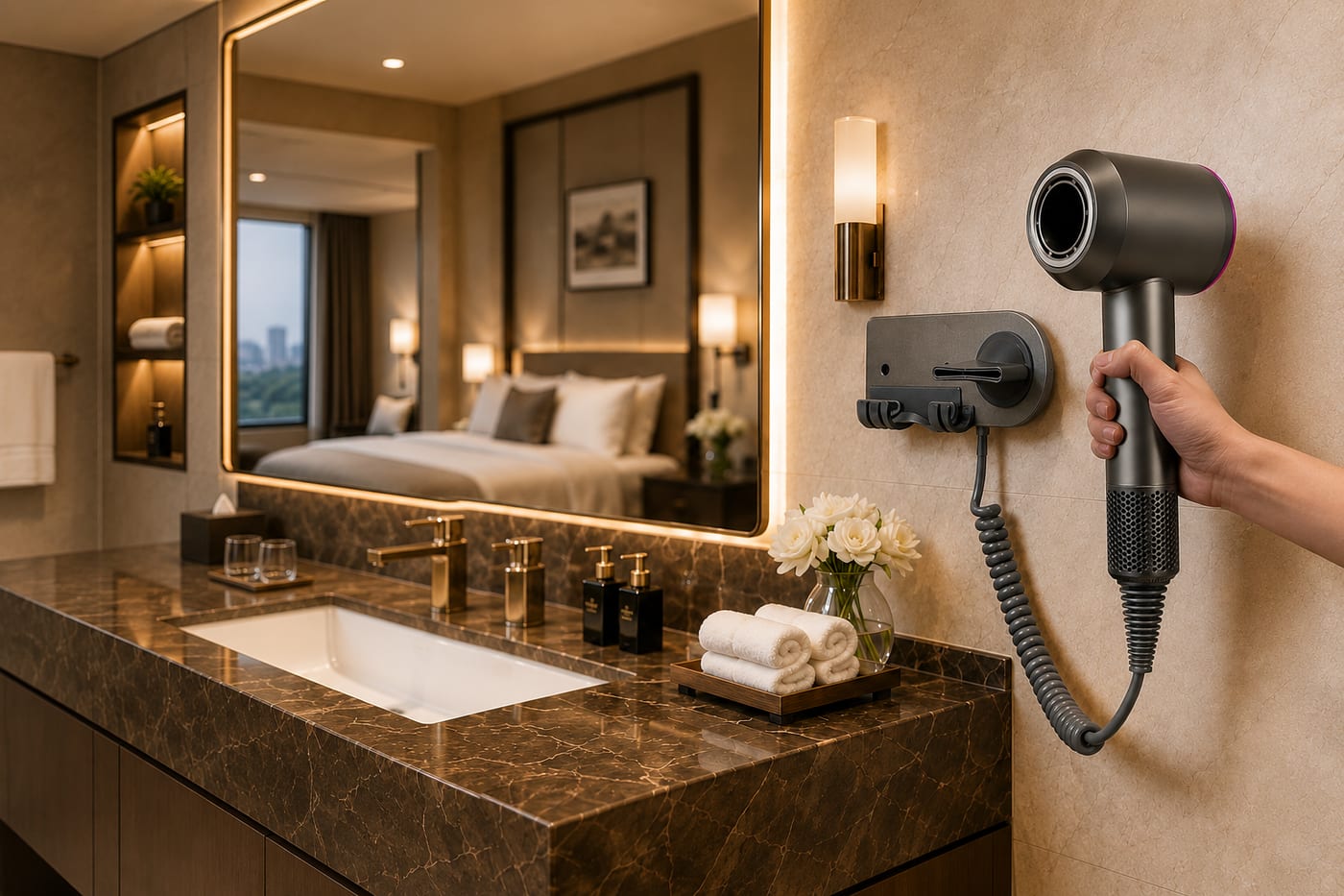 Hotel bathroom with ShanFlow hotel hair dryer