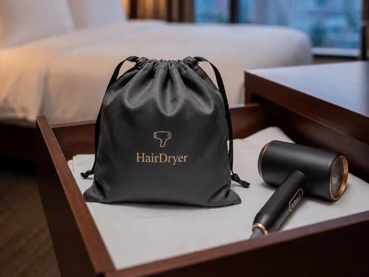 Classic handheld hair dryer stored with a hotel guest room bag