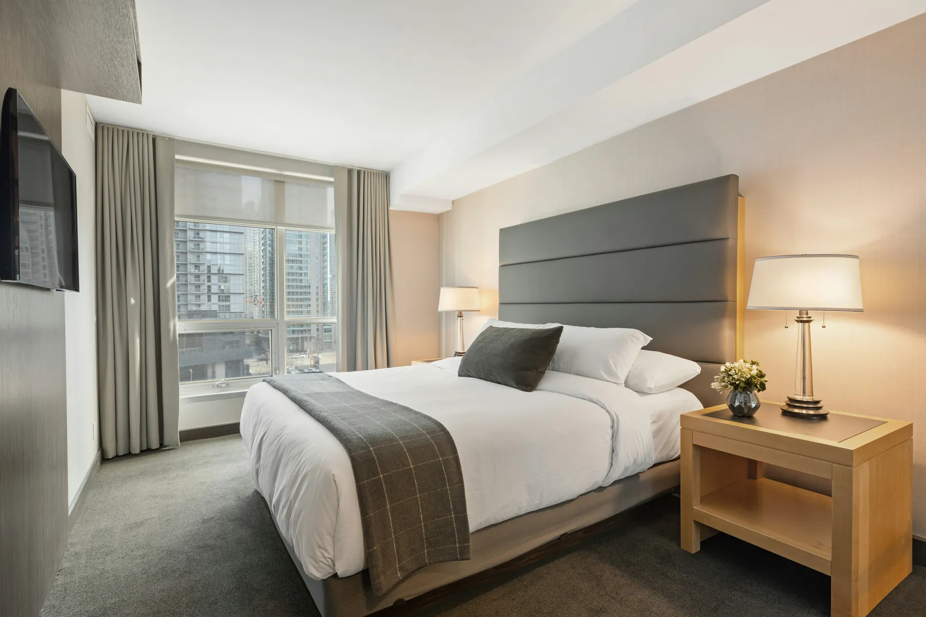 Modern European-style hotel guest room for hair dryer project evaluation
