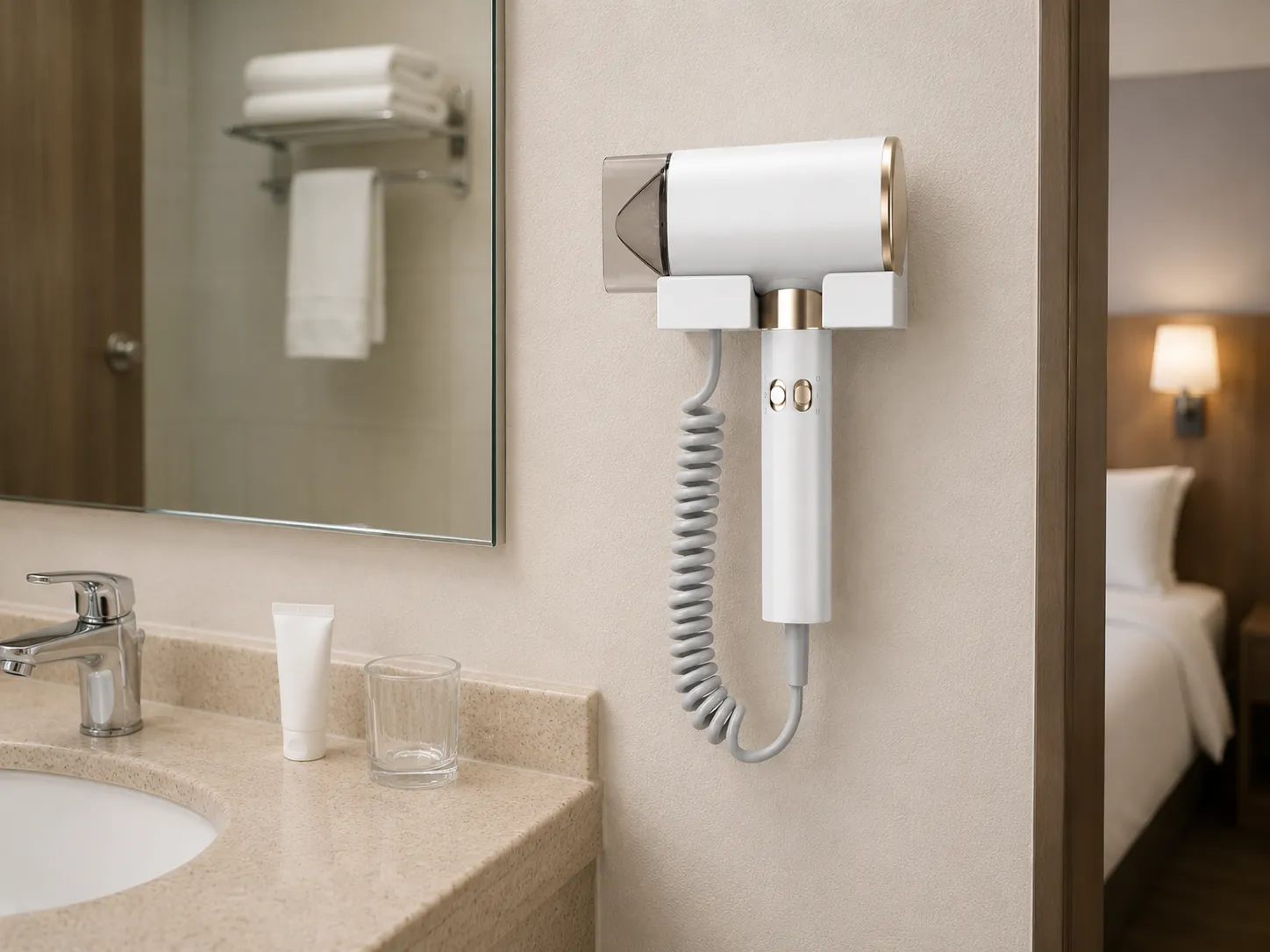 Wall-mounted hotel hair dryer with coiled cord installed beside a bathroom mirror