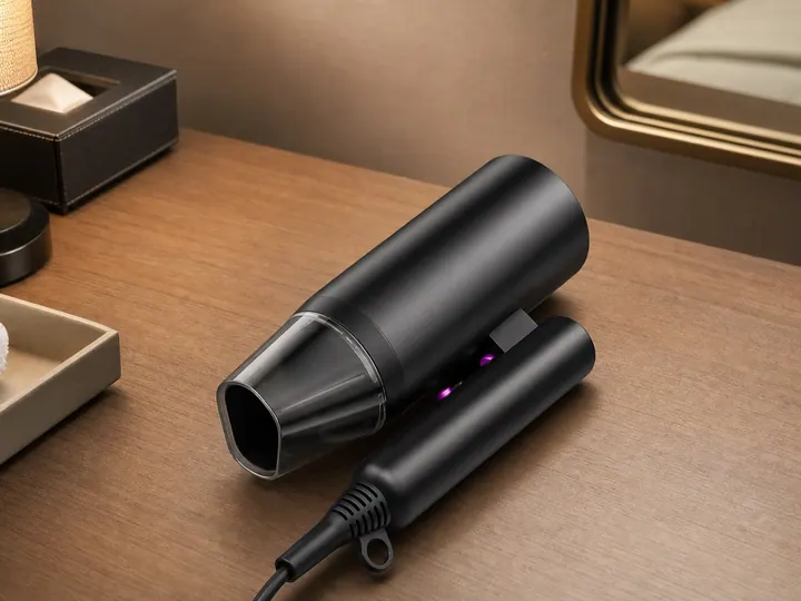 Folding hair dryer stored on a hotel guest room counter