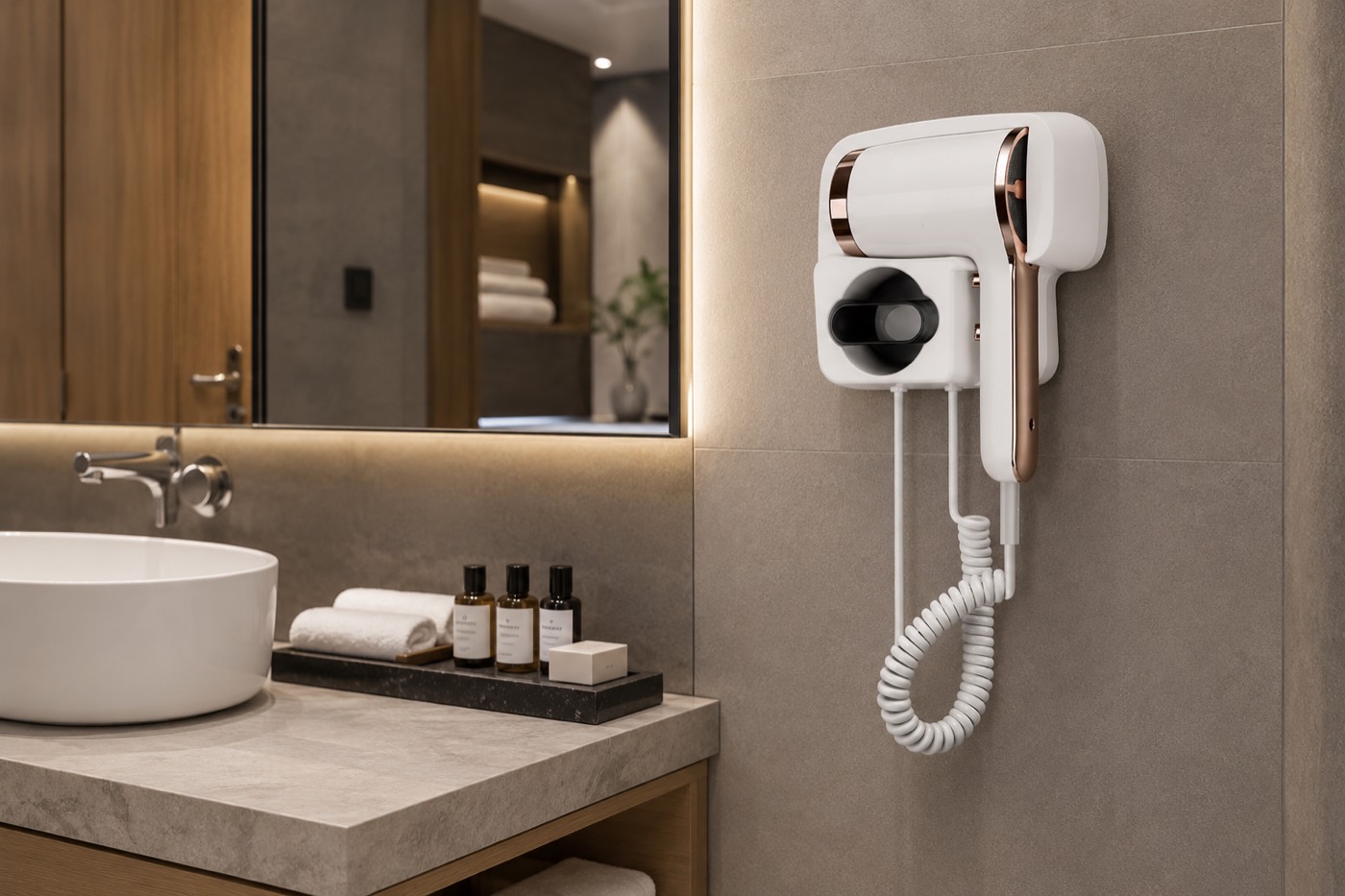 Modern hotel bathroom with wall mounted hotel hair dryer