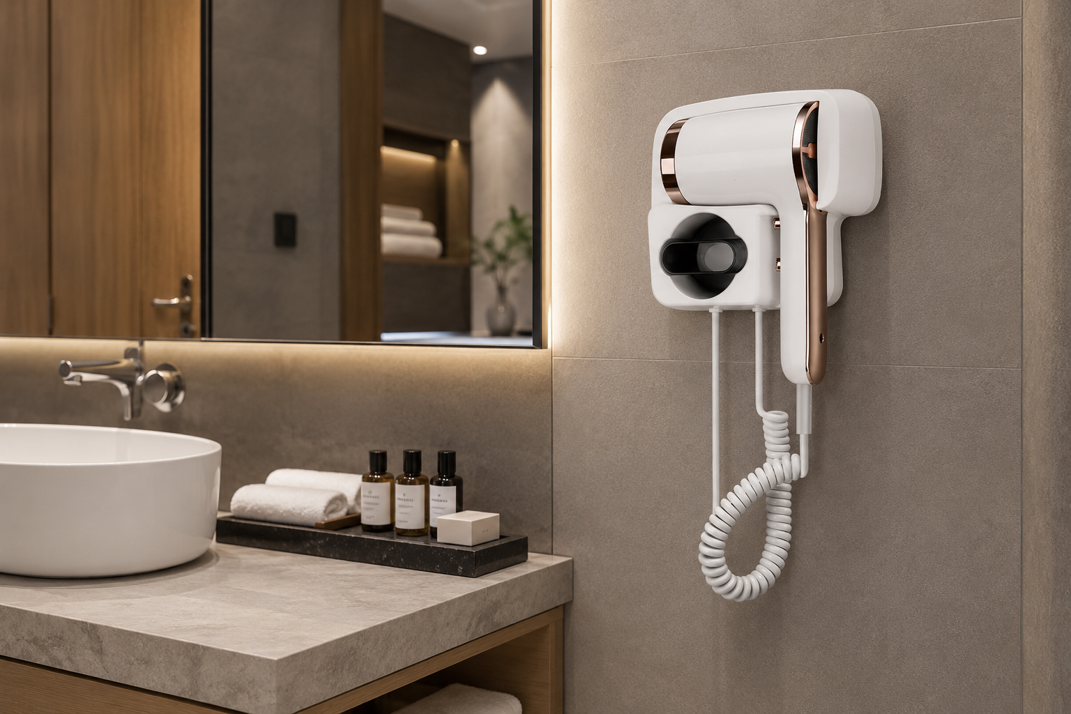 Modern hotel bathroom with wall mounted hotel hair dryer