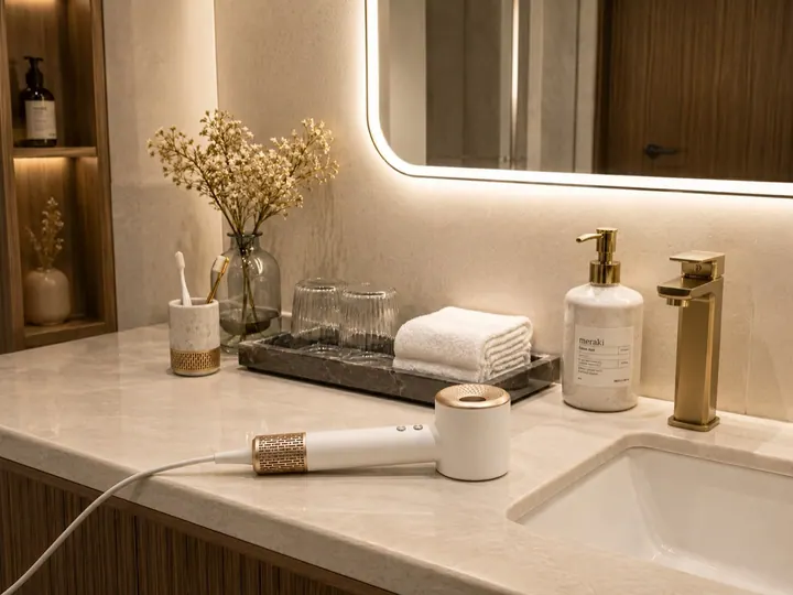 High-speed handheld hair dryer arranged in a hotel guest room