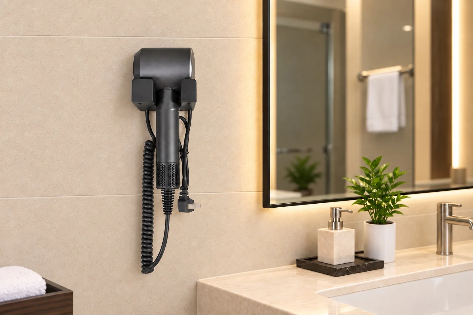 Black high-speed hotel hair dryer with a wall holder, coiled cord and plug in a hotel bathroom