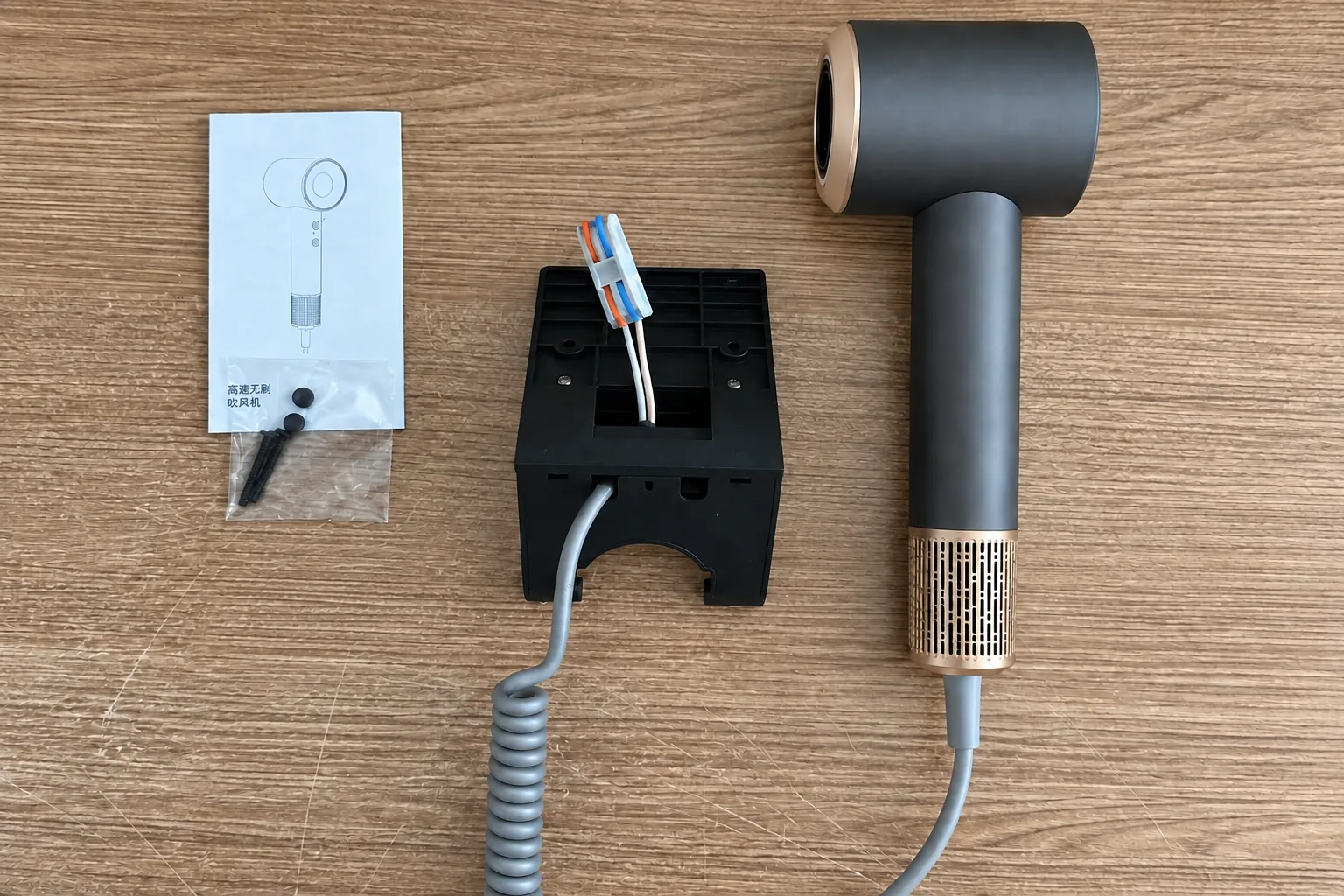 High-speed hotel hair dryer with holder, coiled cord and installation components