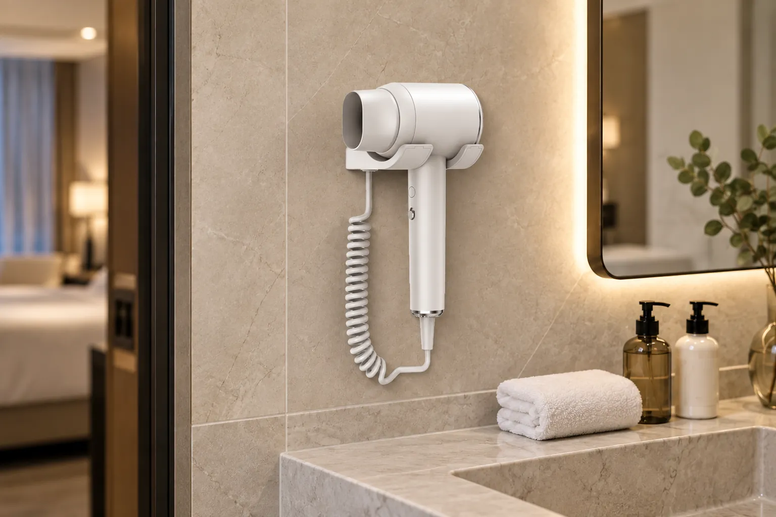 High-speed hotel hair dryer with wall holder and coiled cord in a hotel bathroom