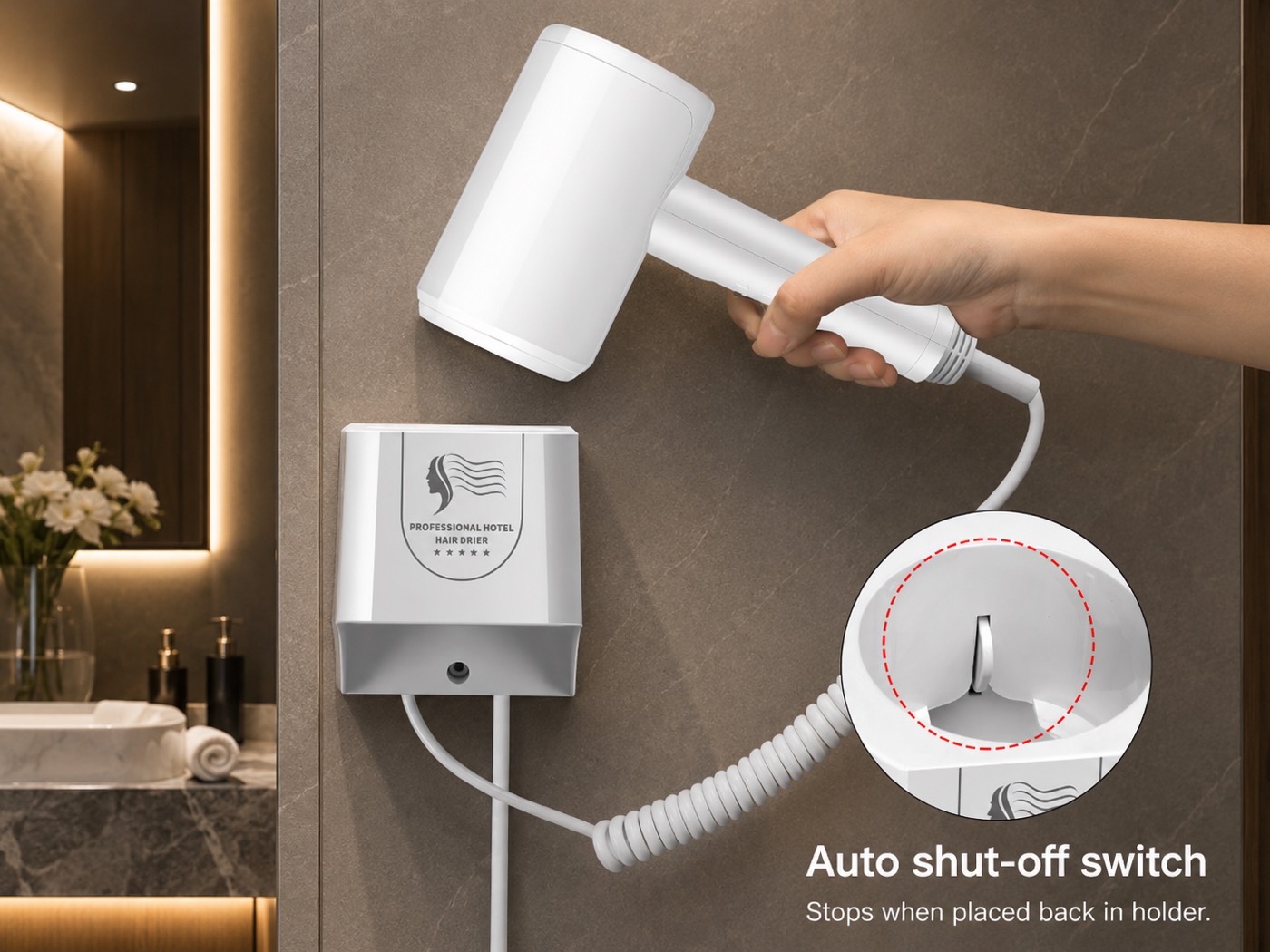 Hotel hair dryer auto shut-off switch and bathroom safety feature