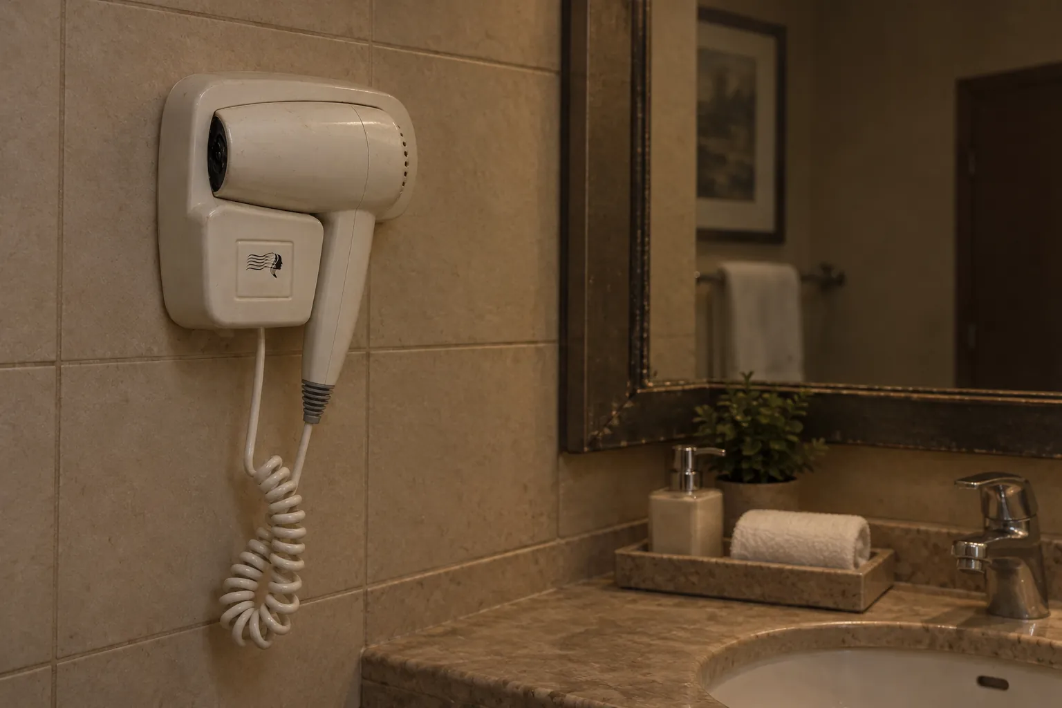 Traditional wall-mounted hotel hair dryer with a coiled cord in a bathroom
