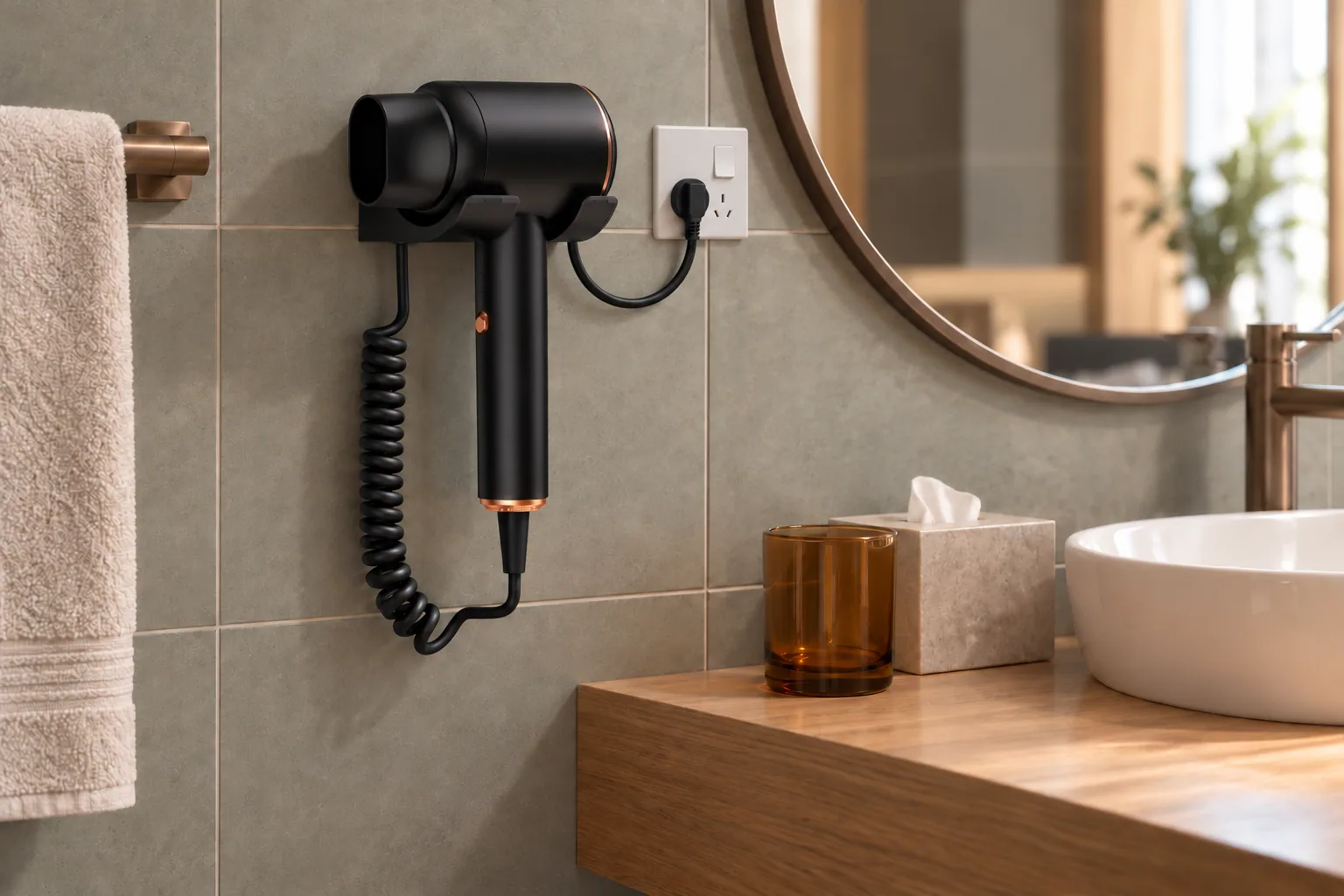 SF-M wall-mounted hotel hair dryer with a coiled cord installed beside a guest bathroom mirror