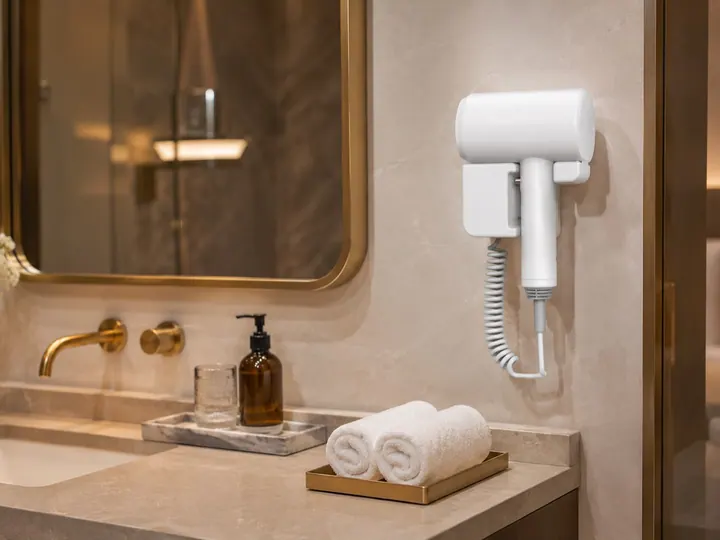 Wall-mounted hair dryer installed beside a hotel guest bathroom mirror