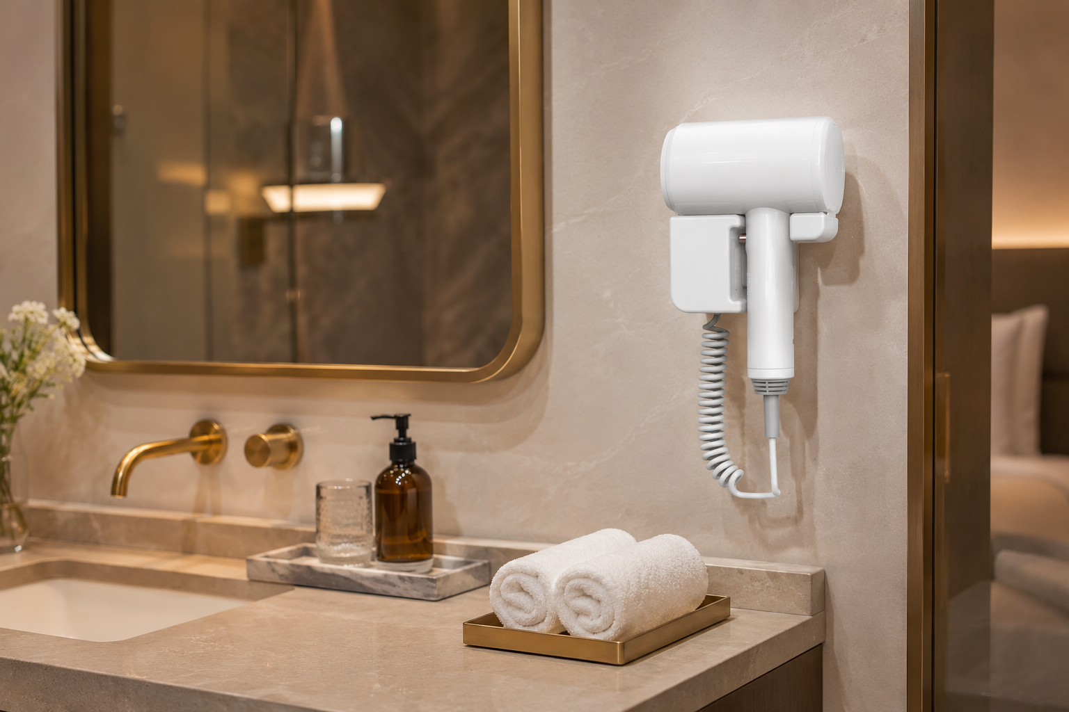 Wall-Mounted Hotel Hair Dryers in hotel guest room